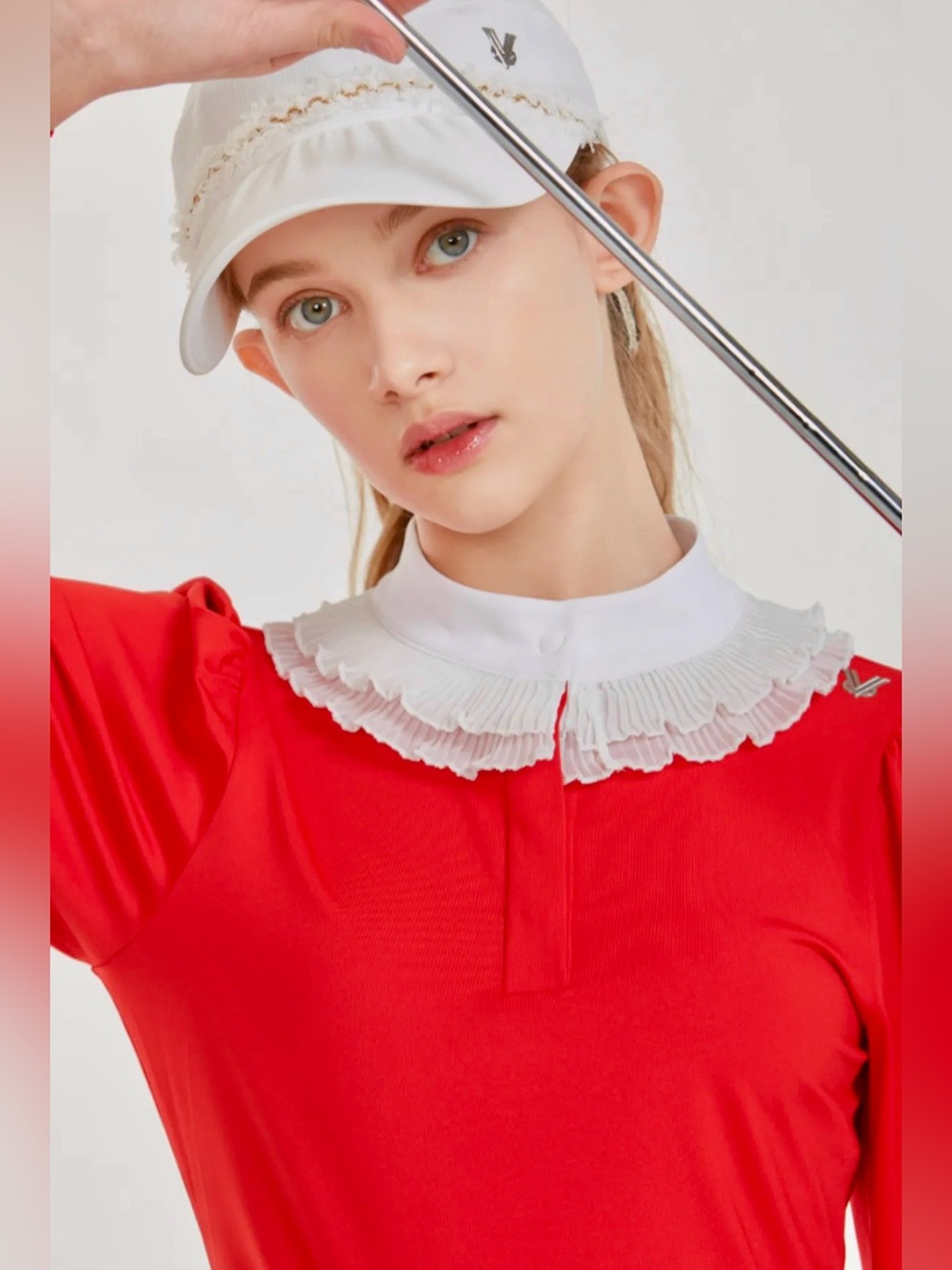 NEVERMINDALL Women's Red Performance Golf Top with Pleated Ruffle Collar